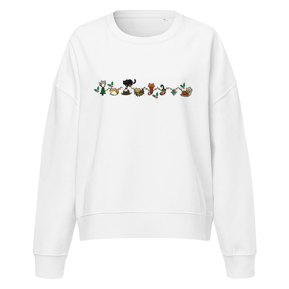 Cozy Catty Christmas women's organic sweatshirt in White, front view