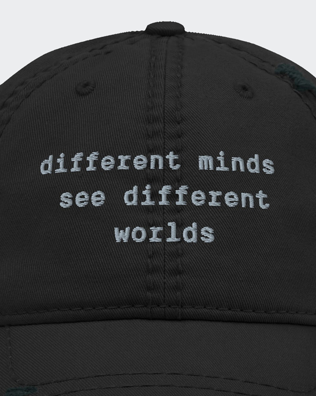 Different Worlds (dad hat) embroidered dad hat in Black, close-up of the embroidery