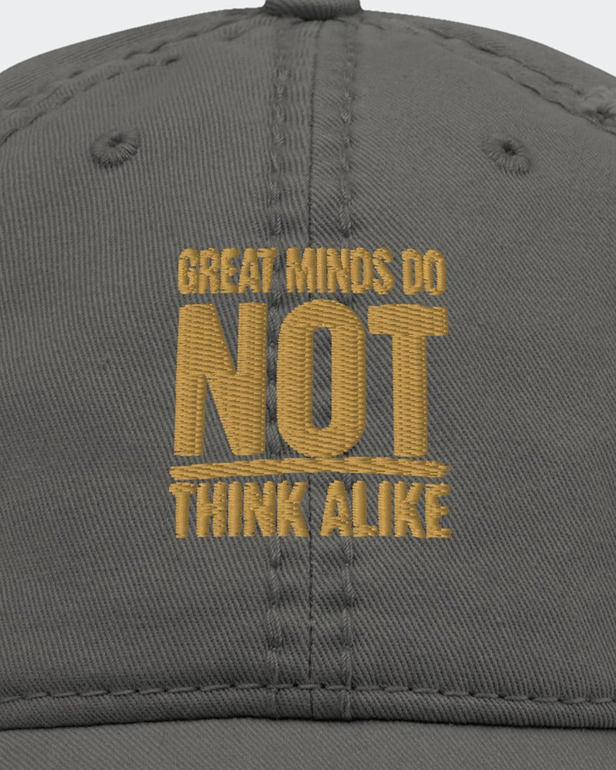 Great Minds (dad hat) embroidered dad hat in Charcoal Grey, close-up of the embroidery
