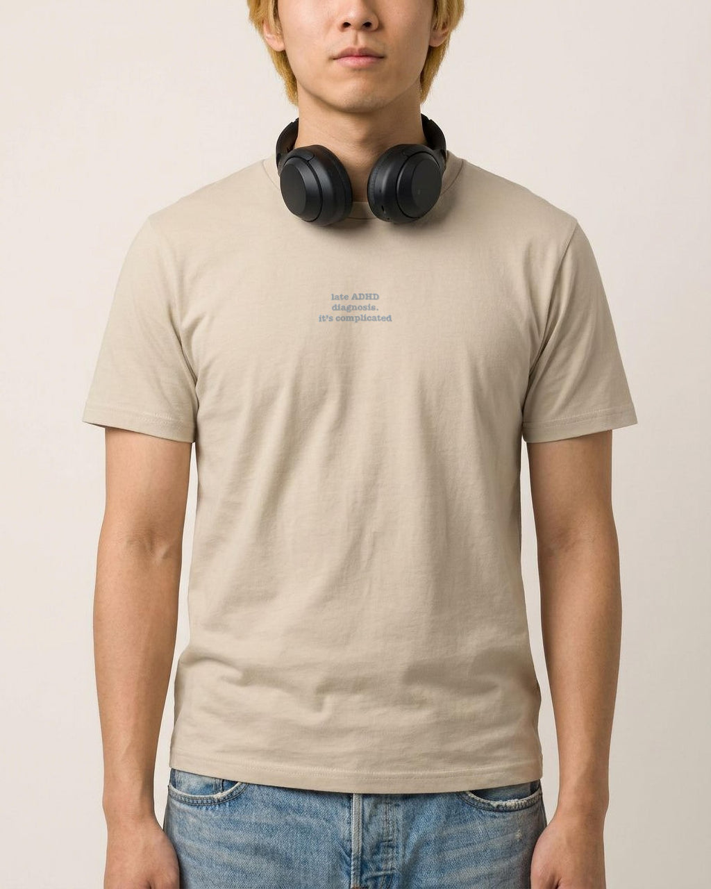 It's Complicated Phrase (ADHD) embroidered organic tee in Desert Dust, worn, full view