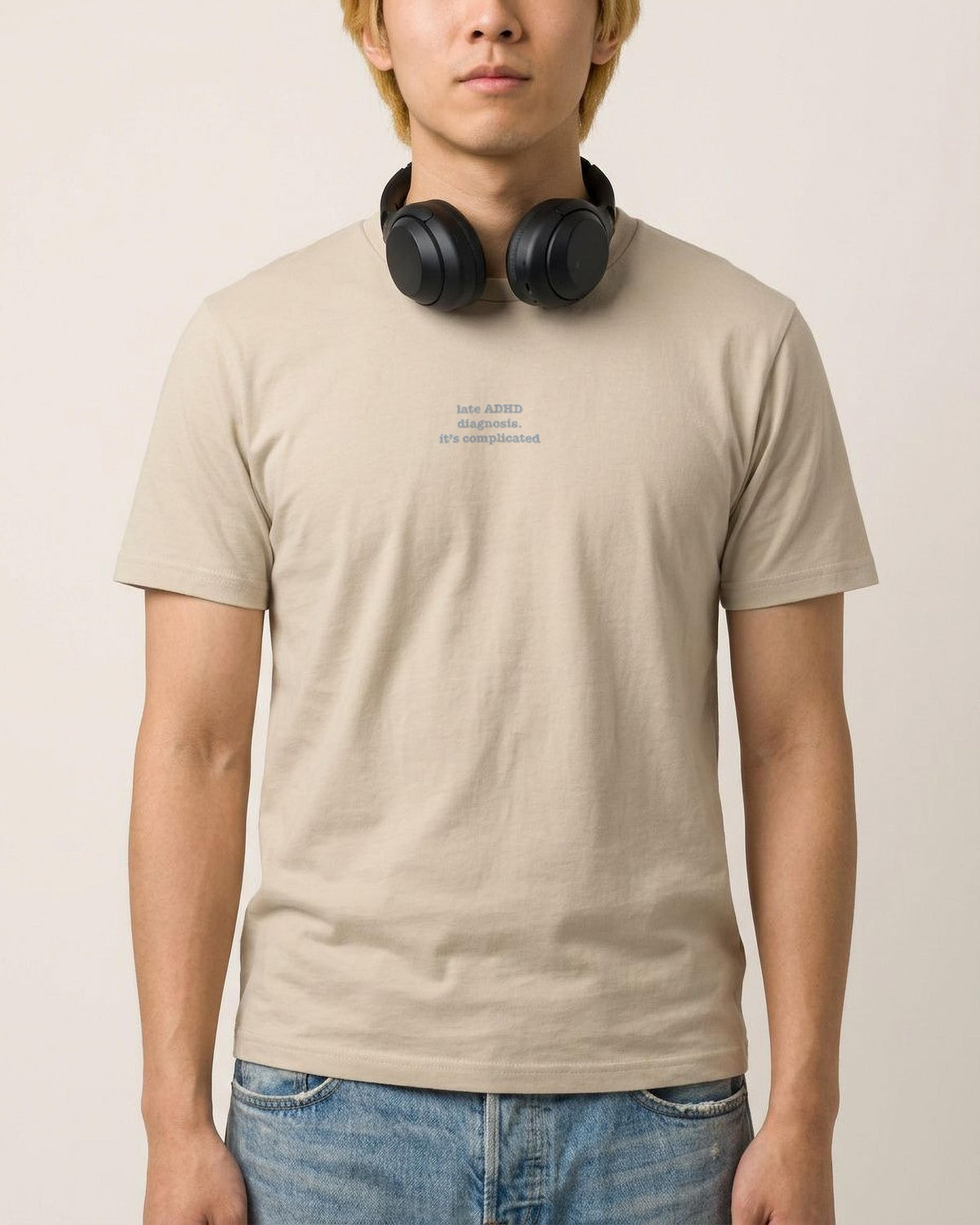 It's Complicated Phrase (ADHD) embroidered organic tee in Desert Dust, worn, full view