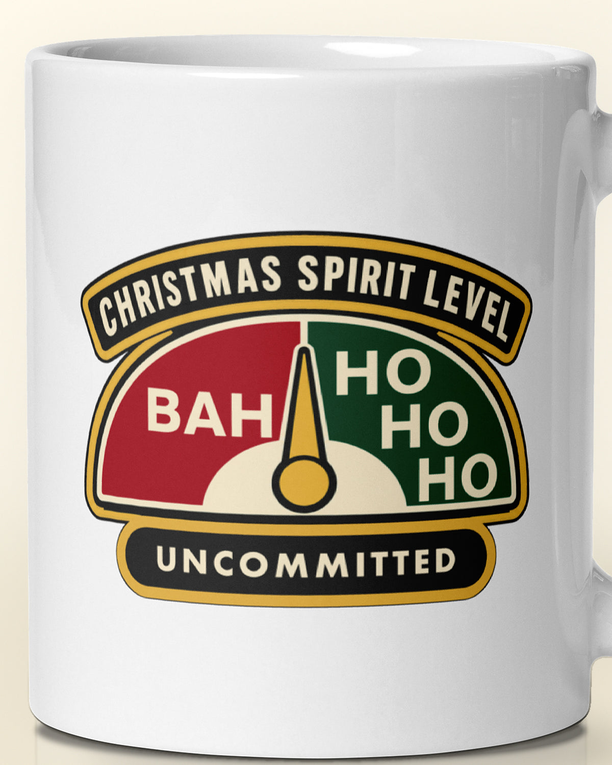 Close-up of the "Christmas Spirit Level" wording