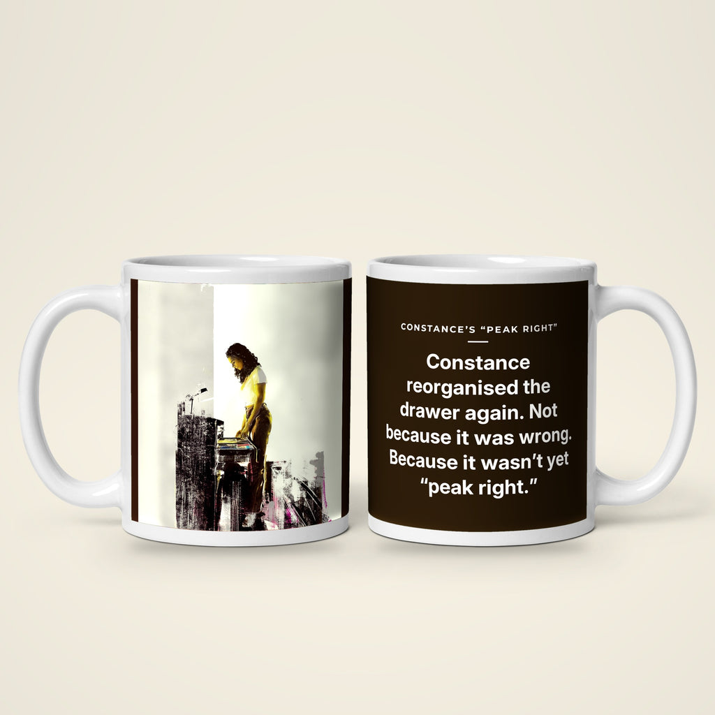 Constance's “Peak Right” mug: the picture side and the story side