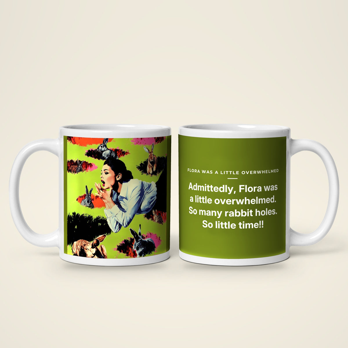 Flora Was a Little Overwhelmed mug: the picture side and the story side
