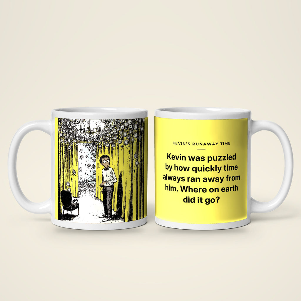 Kevin's Runaway Time mug: the picture side and the story side