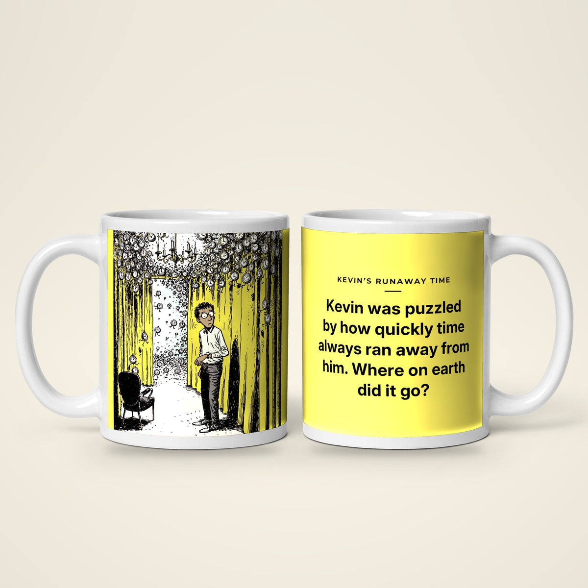 Kevin's Runaway Time mug: the picture side and the story side
