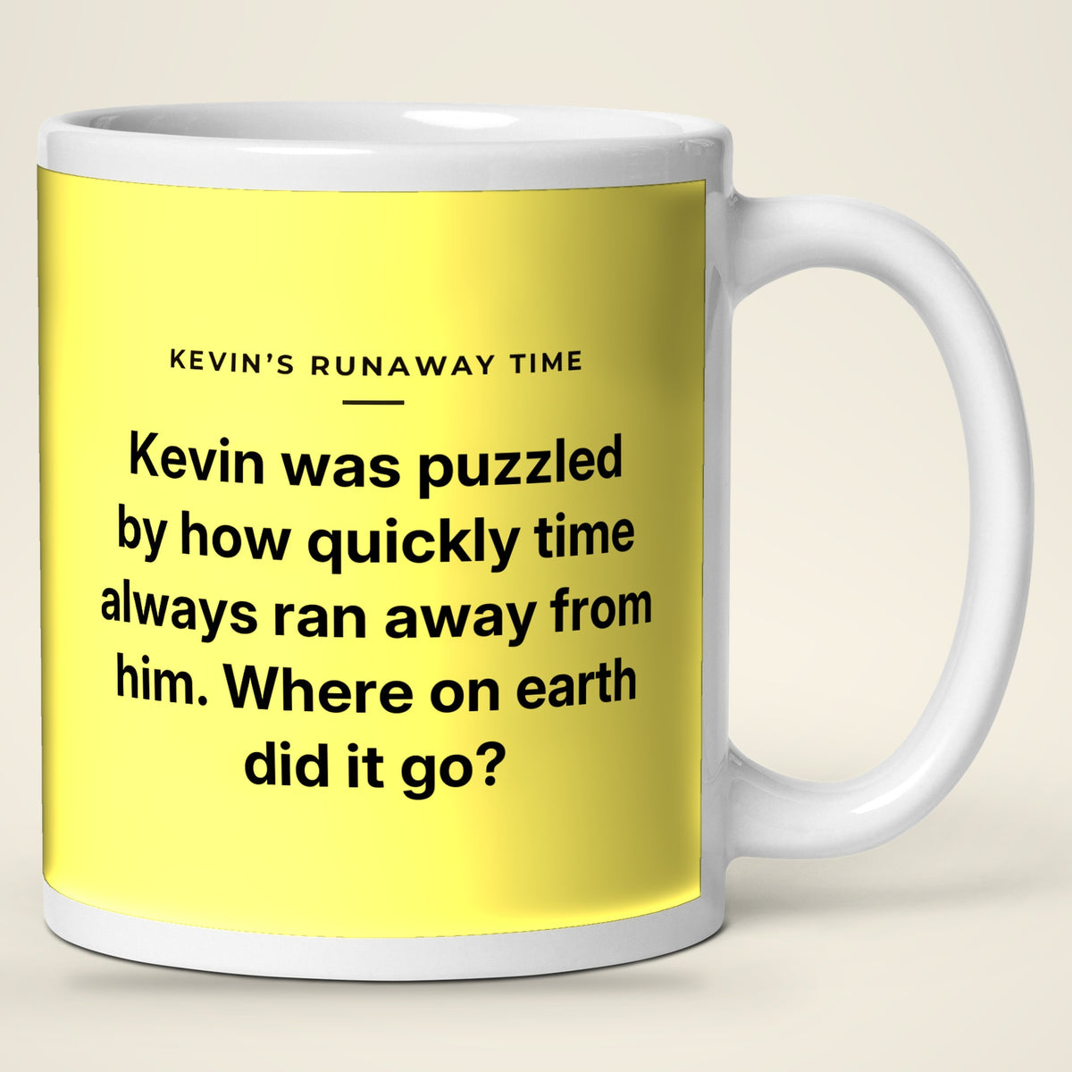 Kevin's Runaway Time mug, story side