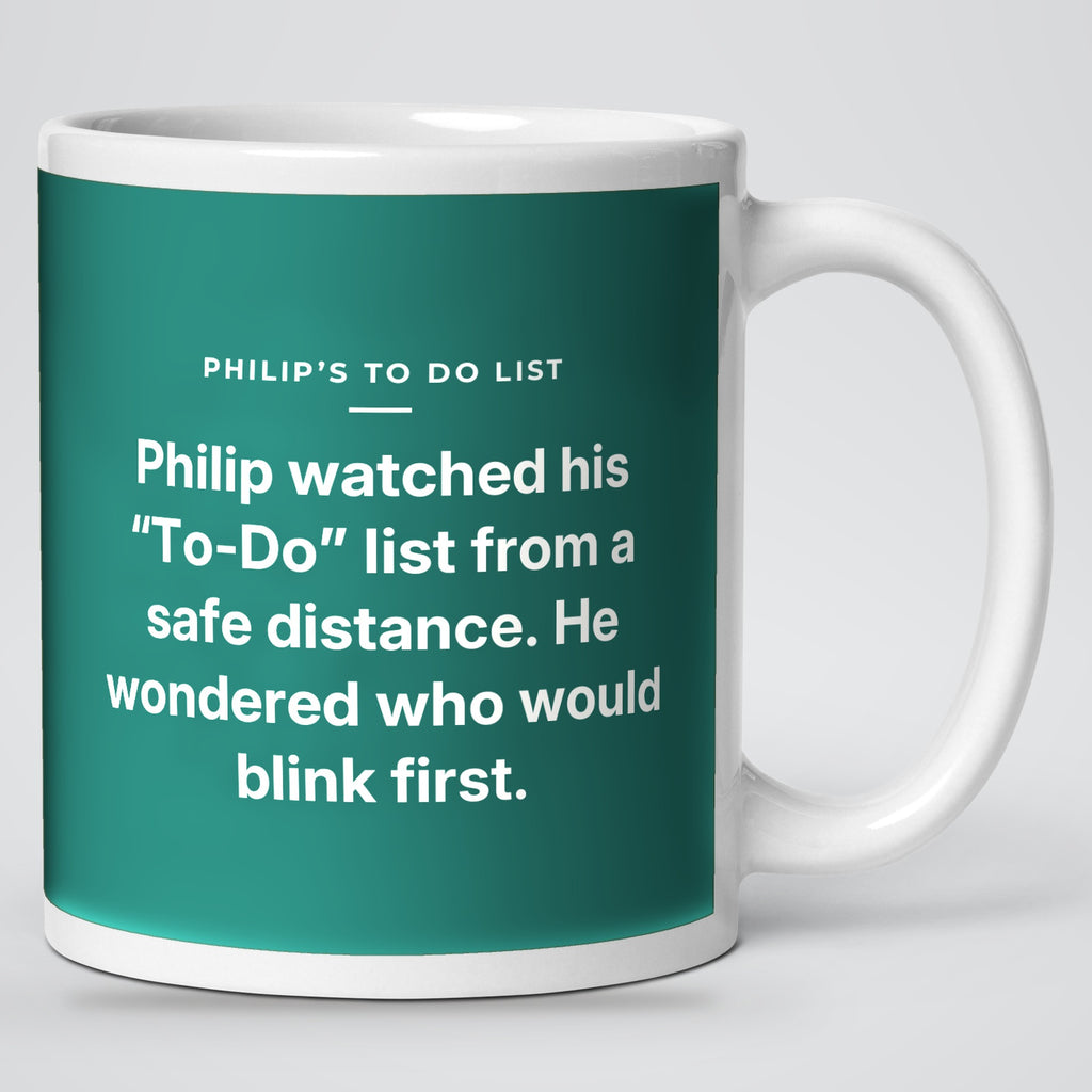Philip's To-Do List mug, story side