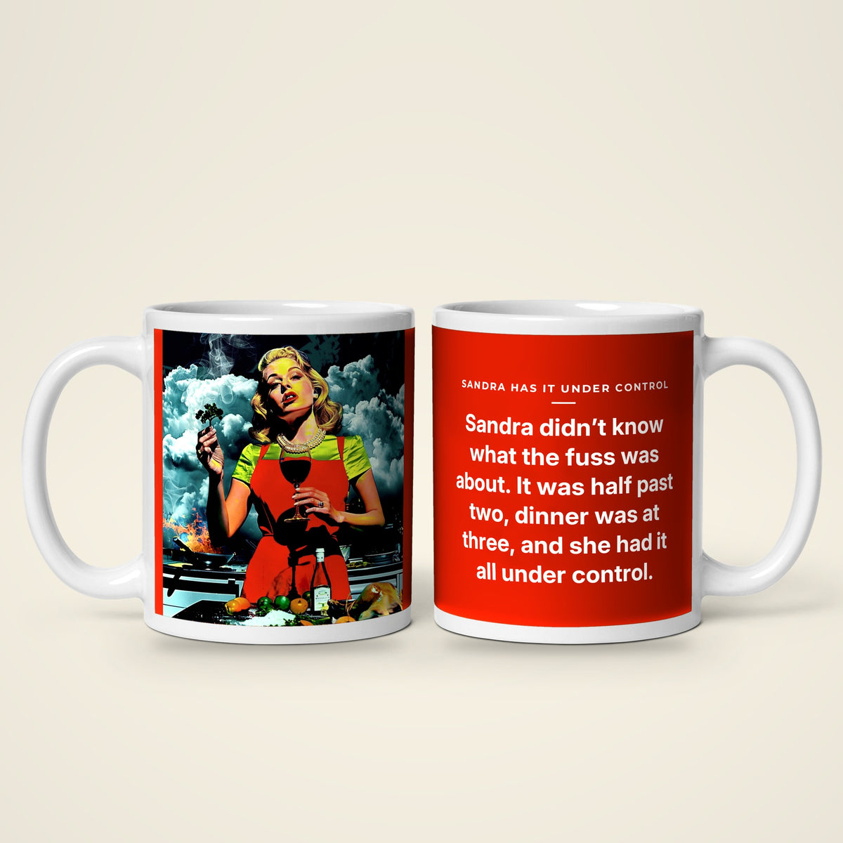 Sandra Has It Under Control mug: the picture side and the story side