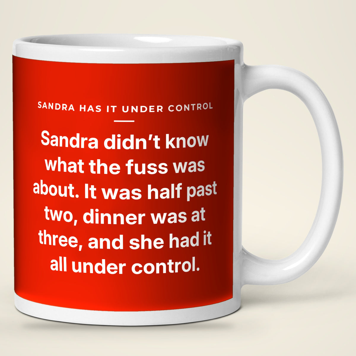 Sandra Has It Under Control mug, story side