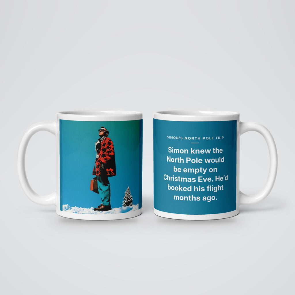 Simon's North Pole Trip mug: the picture side and the story side