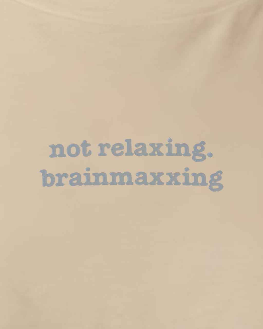 Not Relaxing. BrainMaxxing embroidered organic tee in Desert Dust, close-up of the embroidered slogan