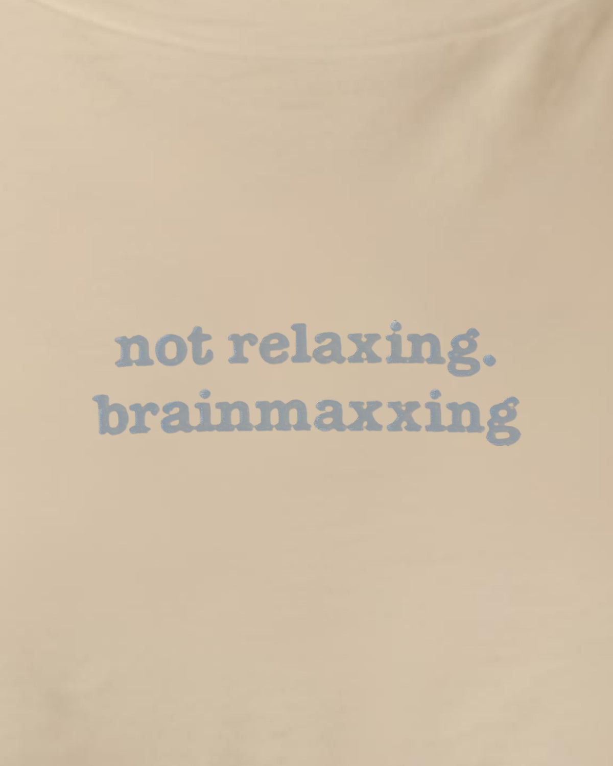 Not Relaxing. BrainMaxxing embroidered organic tee in Desert Dust, close-up of the embroidered slogan
