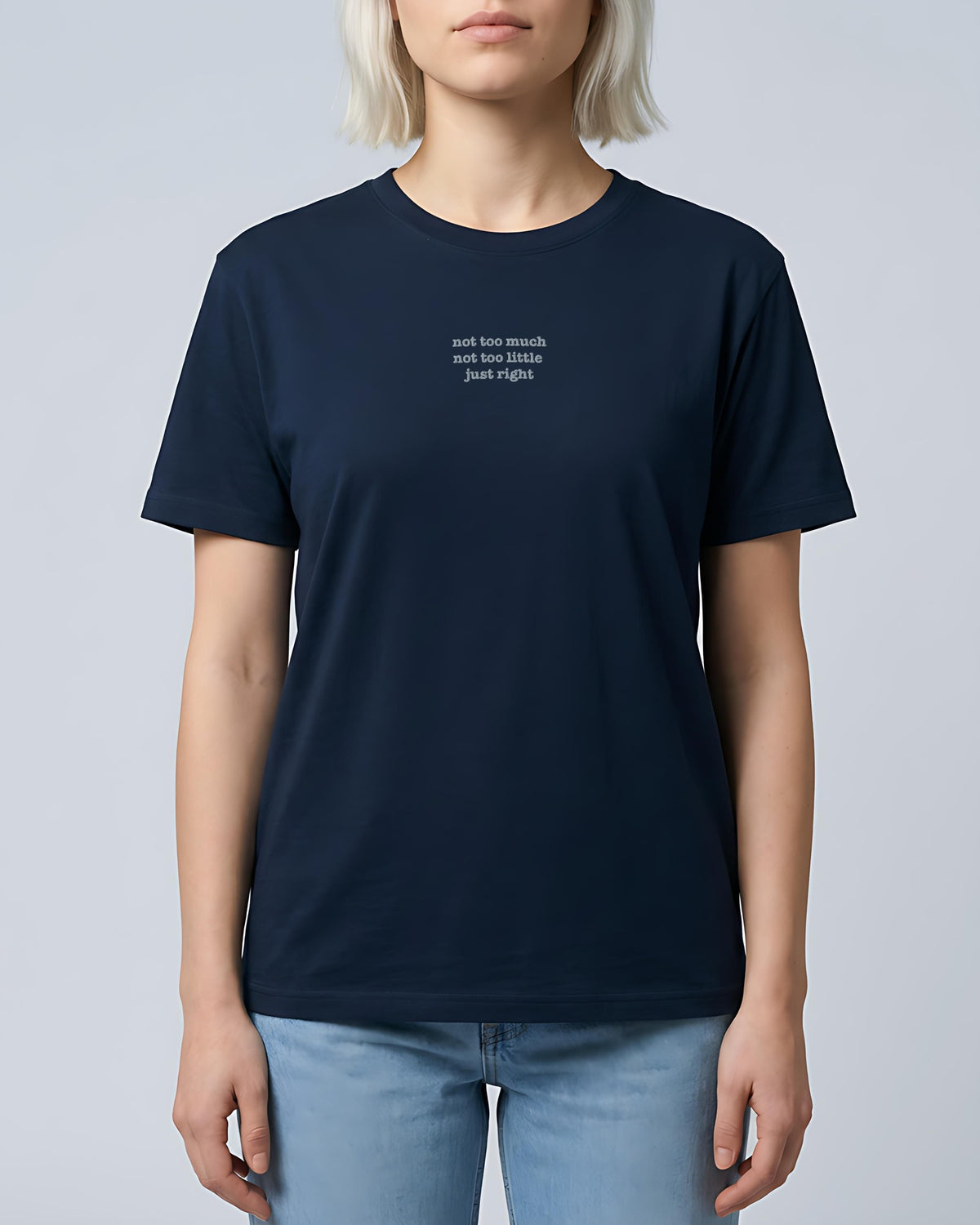 Not Too Much embroidered organic tee in French Navy, worn, full view