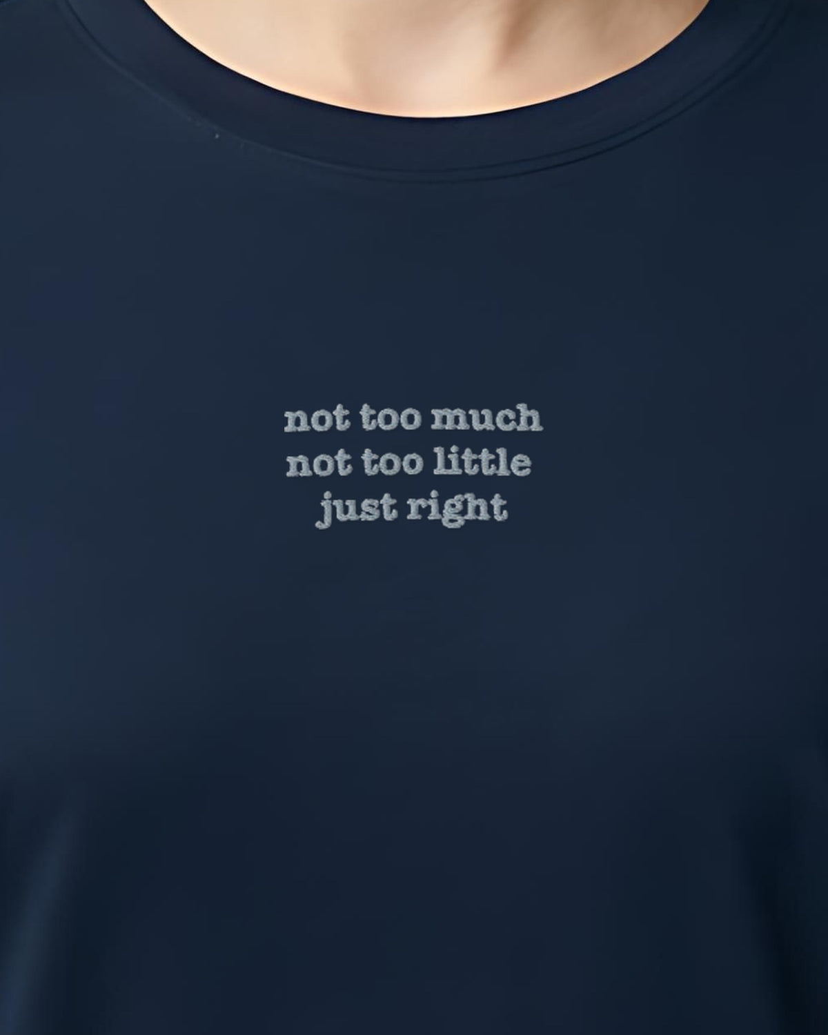 Not Too Much embroidered organic tee in French Navy, worn