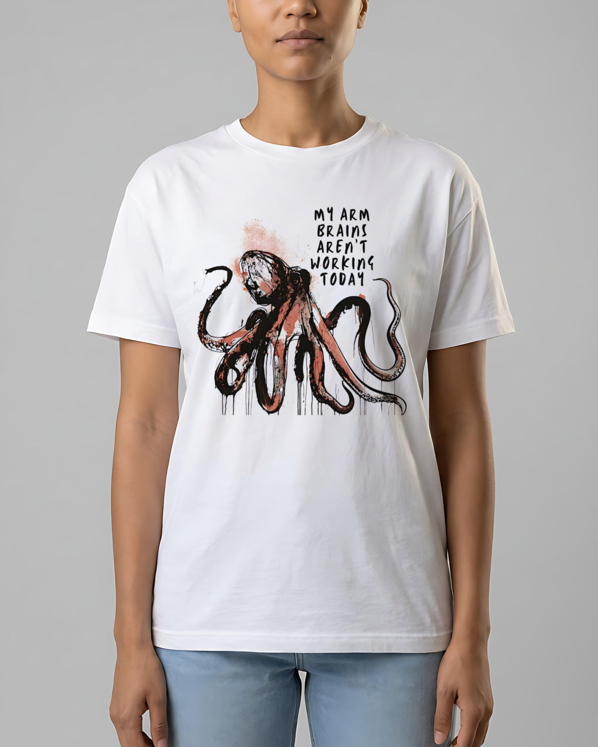 Arm Brains Not Working organic tee in White, worn, new octopus print