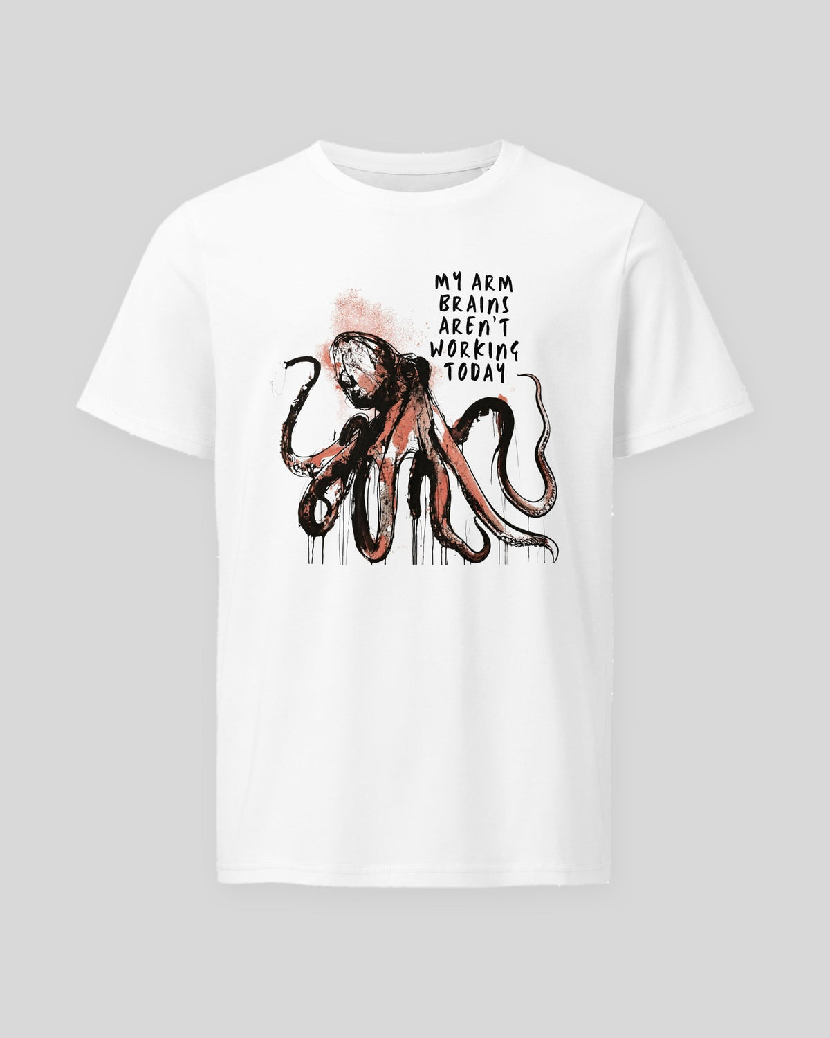 Arm Brains Not Working organic tee in White, laid flat