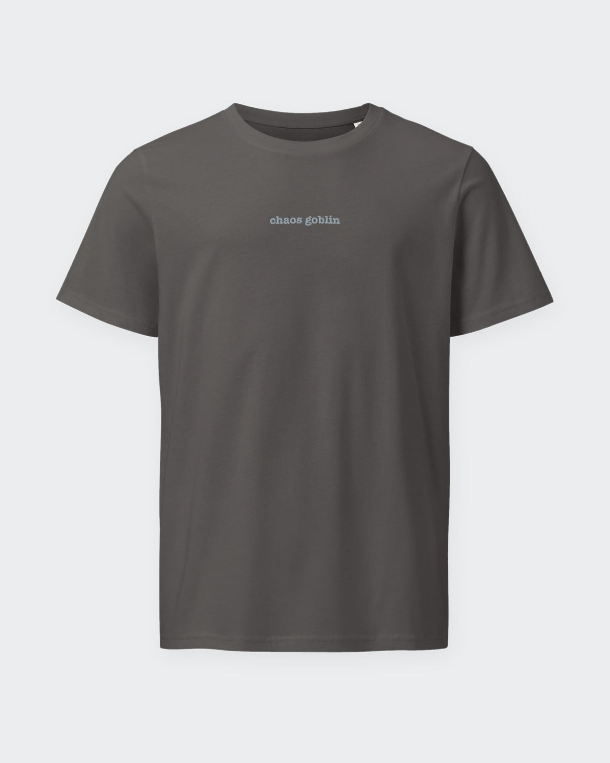 Chaos Goblin embroidered organic tee in Anthracite, flat front view