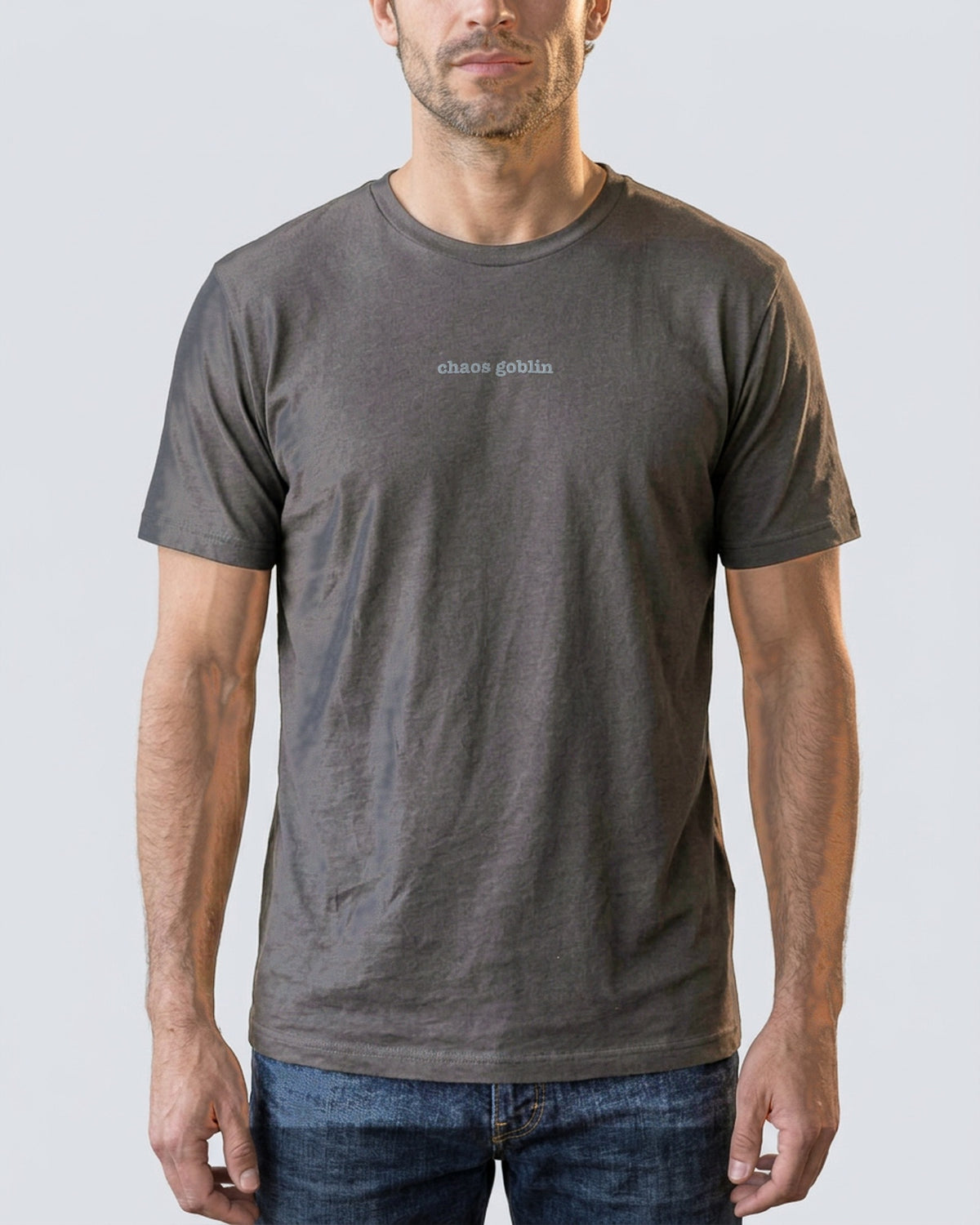 Chaos Goblin embroidered organic tee in Anthracite, worn, front view