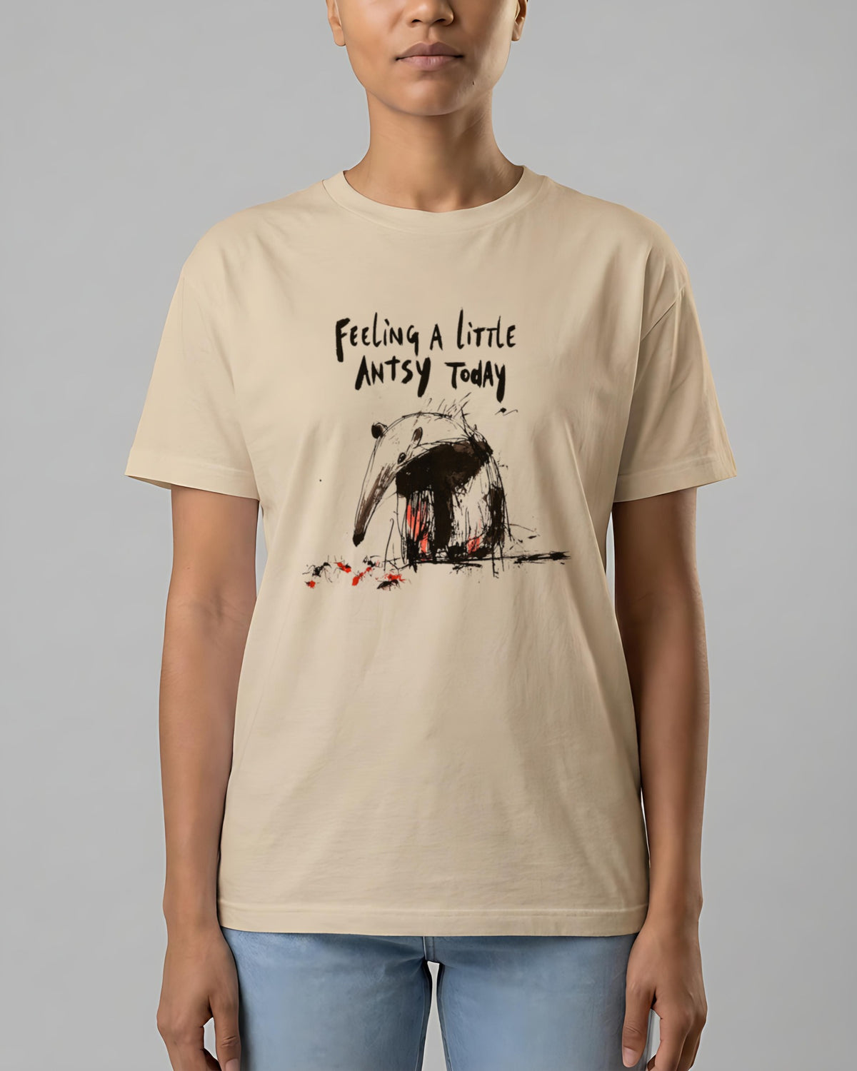 Feeling Antsy organic printed tee in Desert Dust, worn