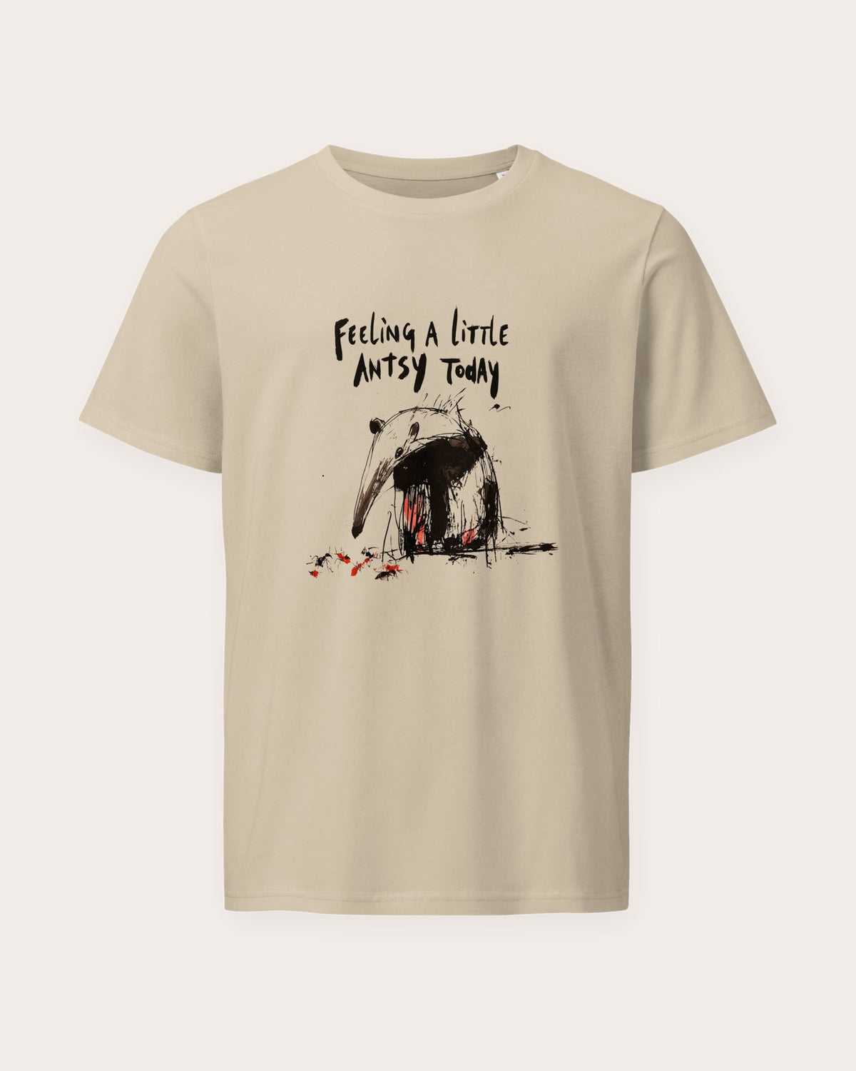 Feeling Antsy organic printed tee in Desert Dust, laid flat