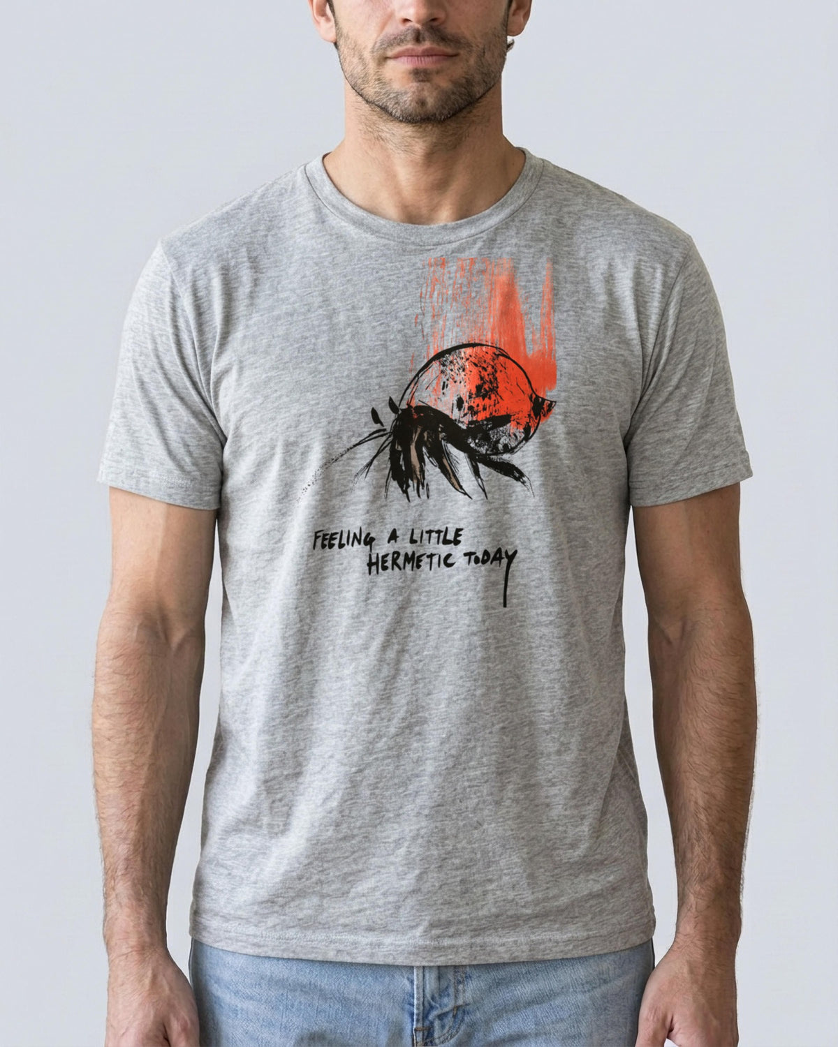 Feeling Hermetic organic printed tee in Heather Grey, worn
