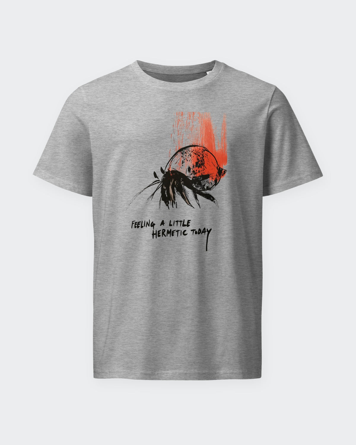 Feeling Hermetic organic printed tee in Heather Grey, laid flat