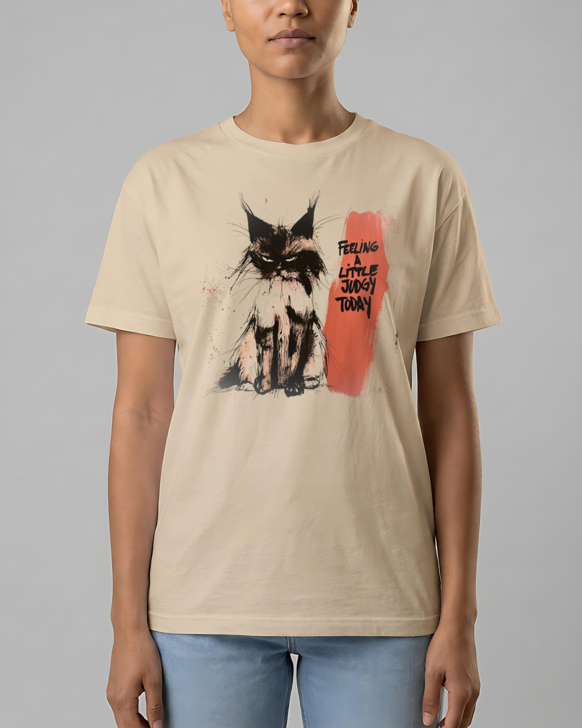 Feeling Judgy organic printed tee in Desert Dust, worn