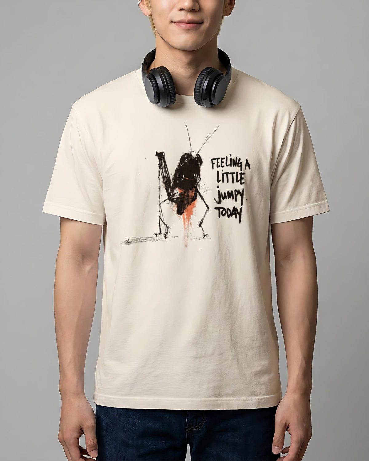 Feeling Jumpy organic printed tee in Vintage White, worn