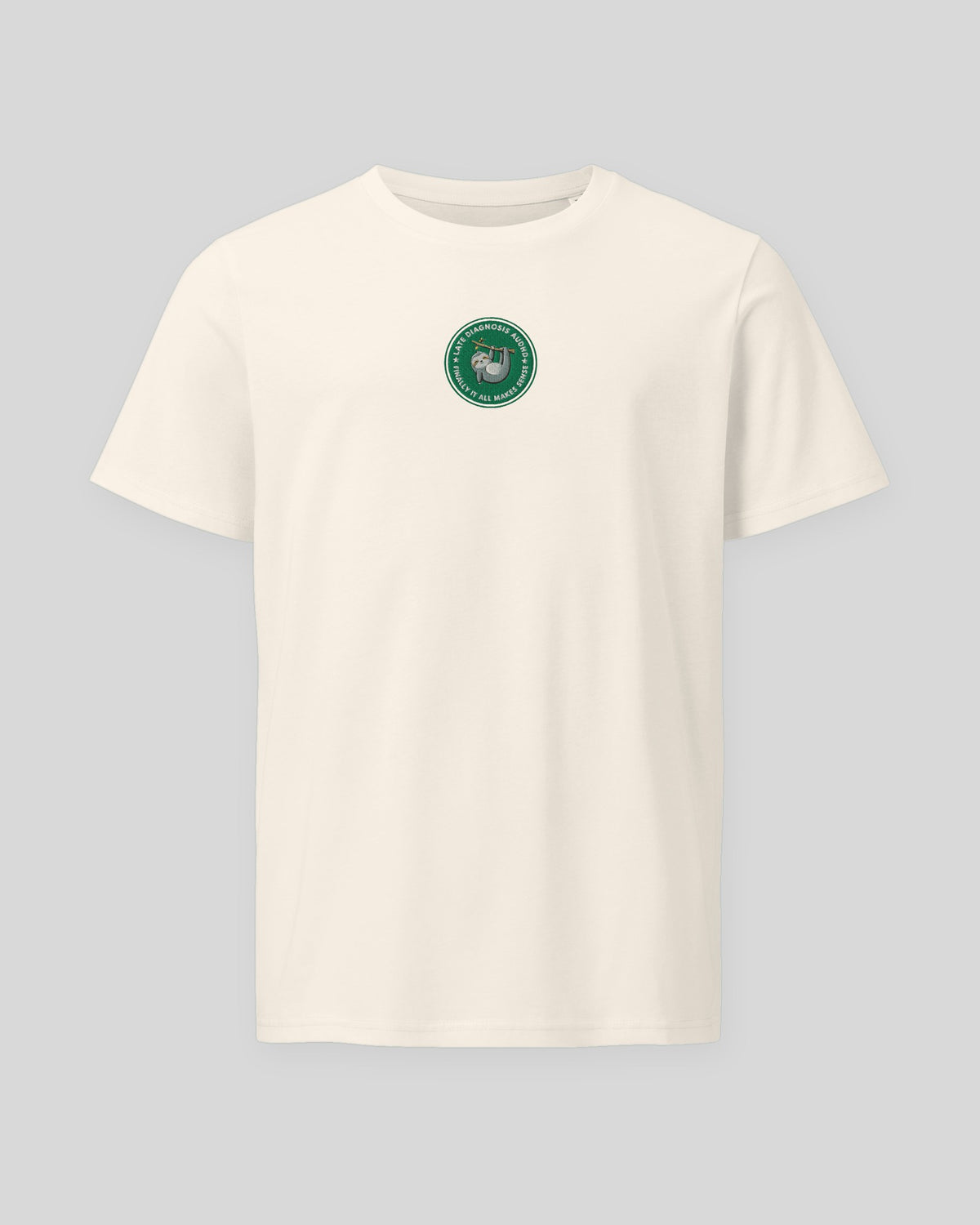 Finally (AuDHD) organic embroidered badge tee in Vintage White, laid flat