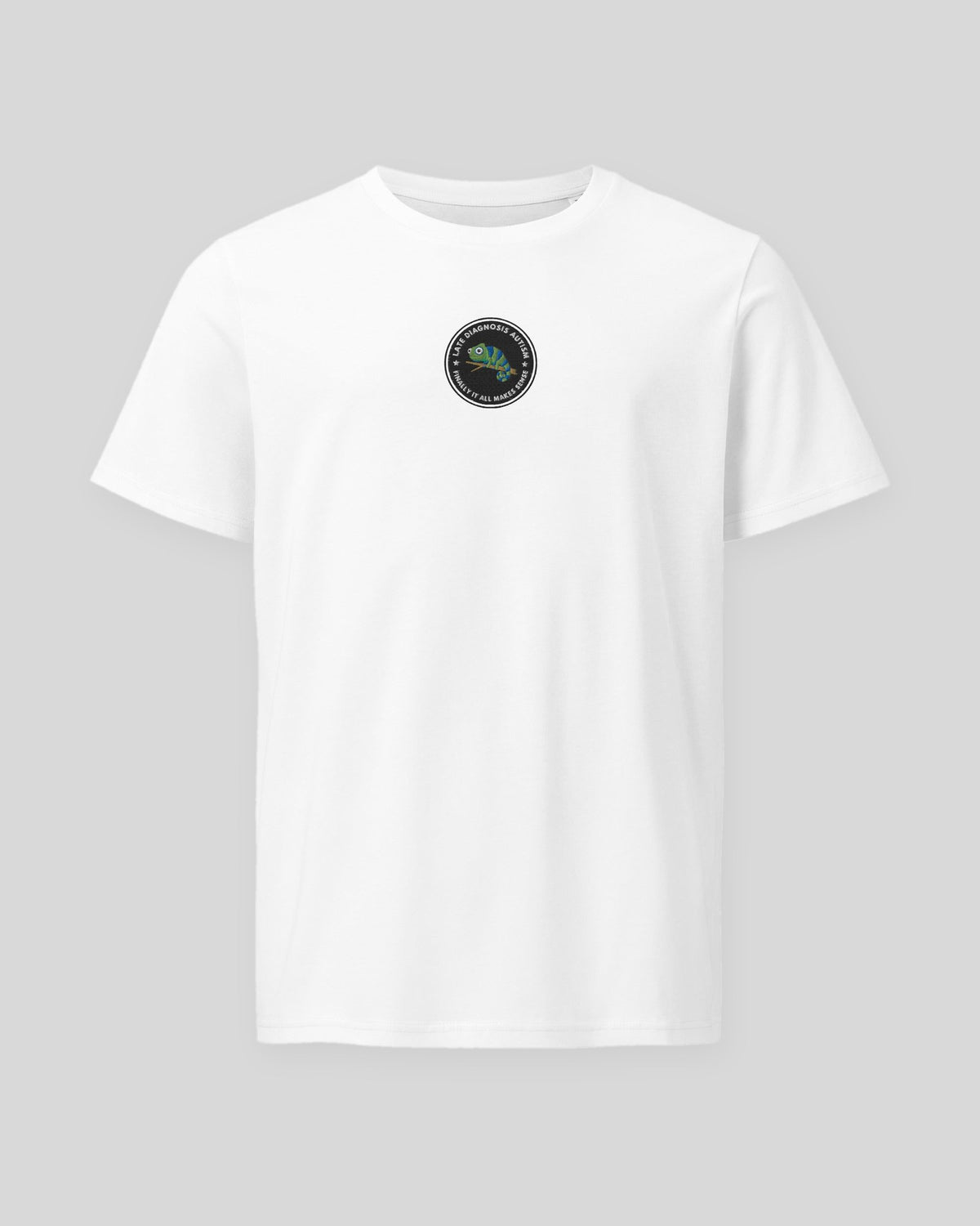 Finally (Autism) organic embroidered badge tee in White, laid flat