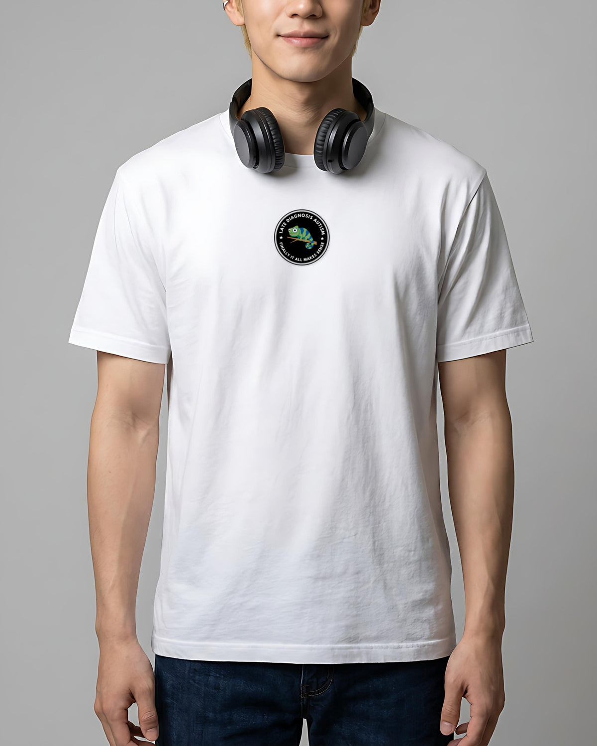 Finally (Autism) organic embroidered badge tee in White, worn, full front view