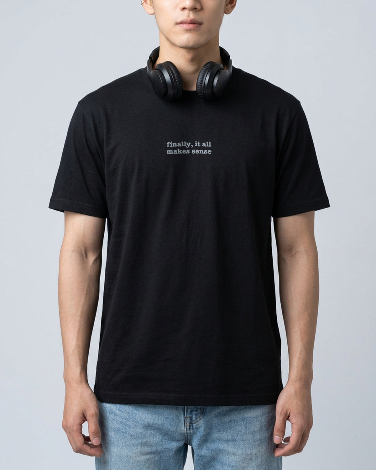 Finally embroidered organic tee in Black, worn, front view