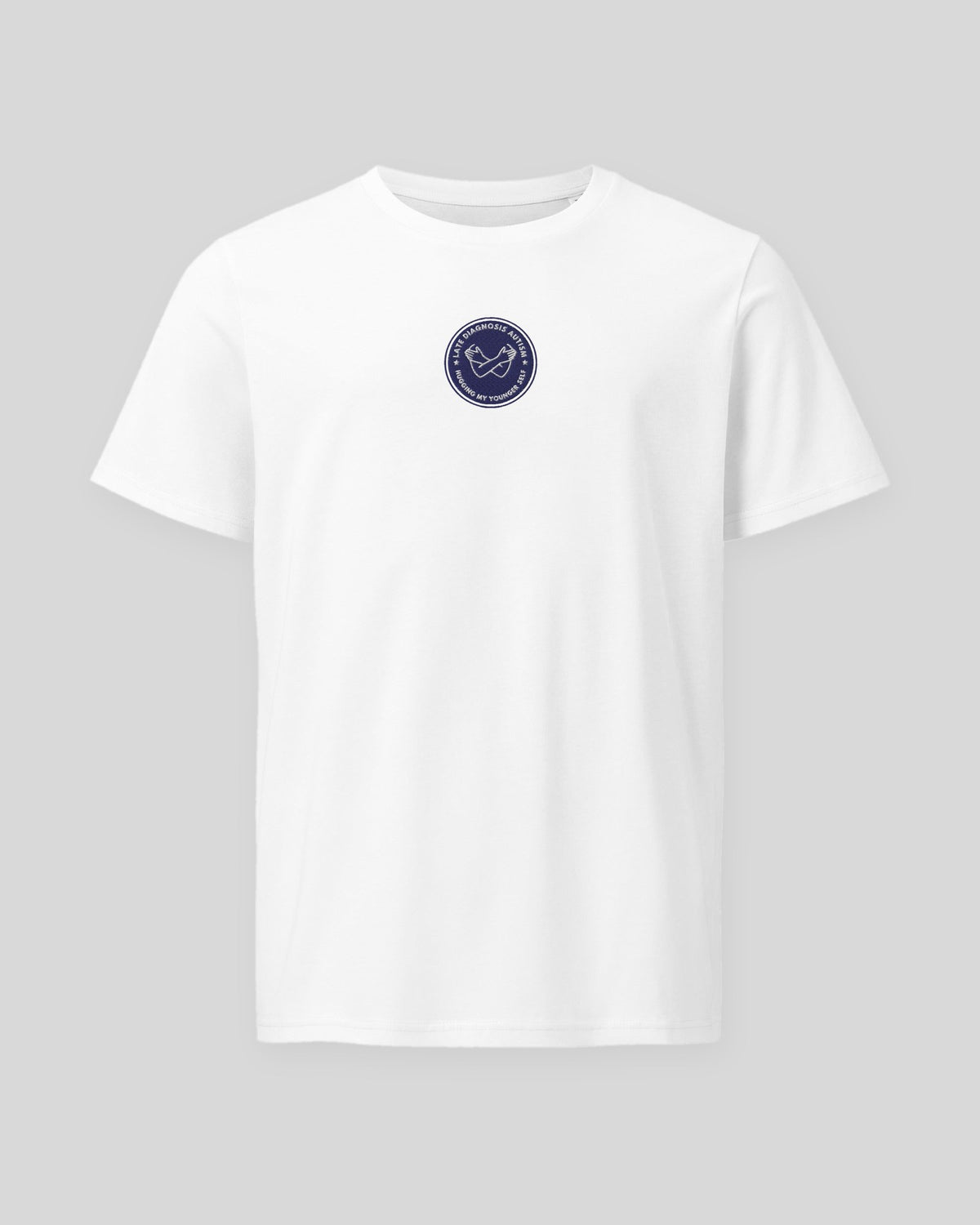 Hugging Autism organic embroidered badge tee in White, laid flat