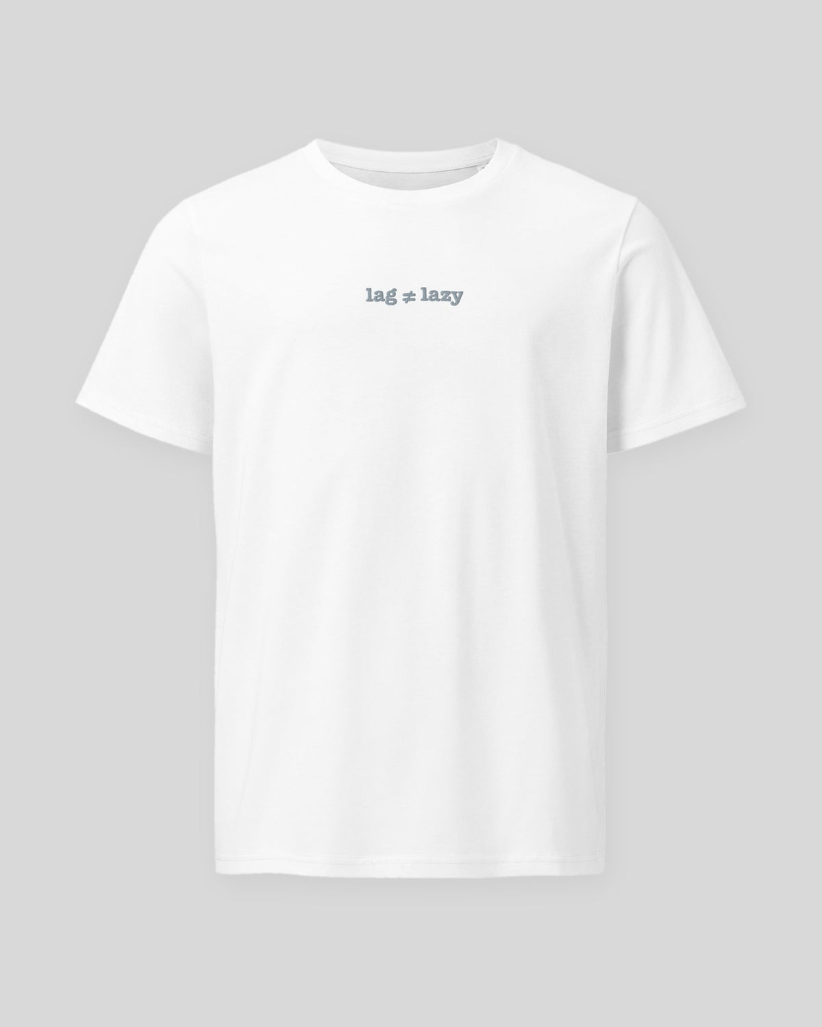 Lag isn't Lazy embroidered organic tee in White, flat front view