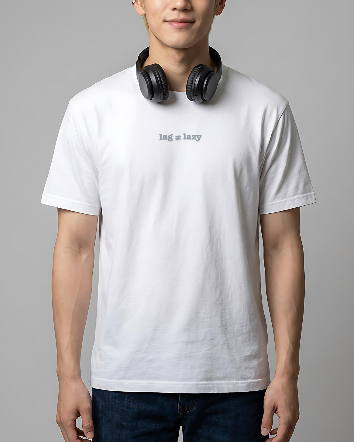 Lag isn't Lazy embroidered organic tee in White, worn, front view
