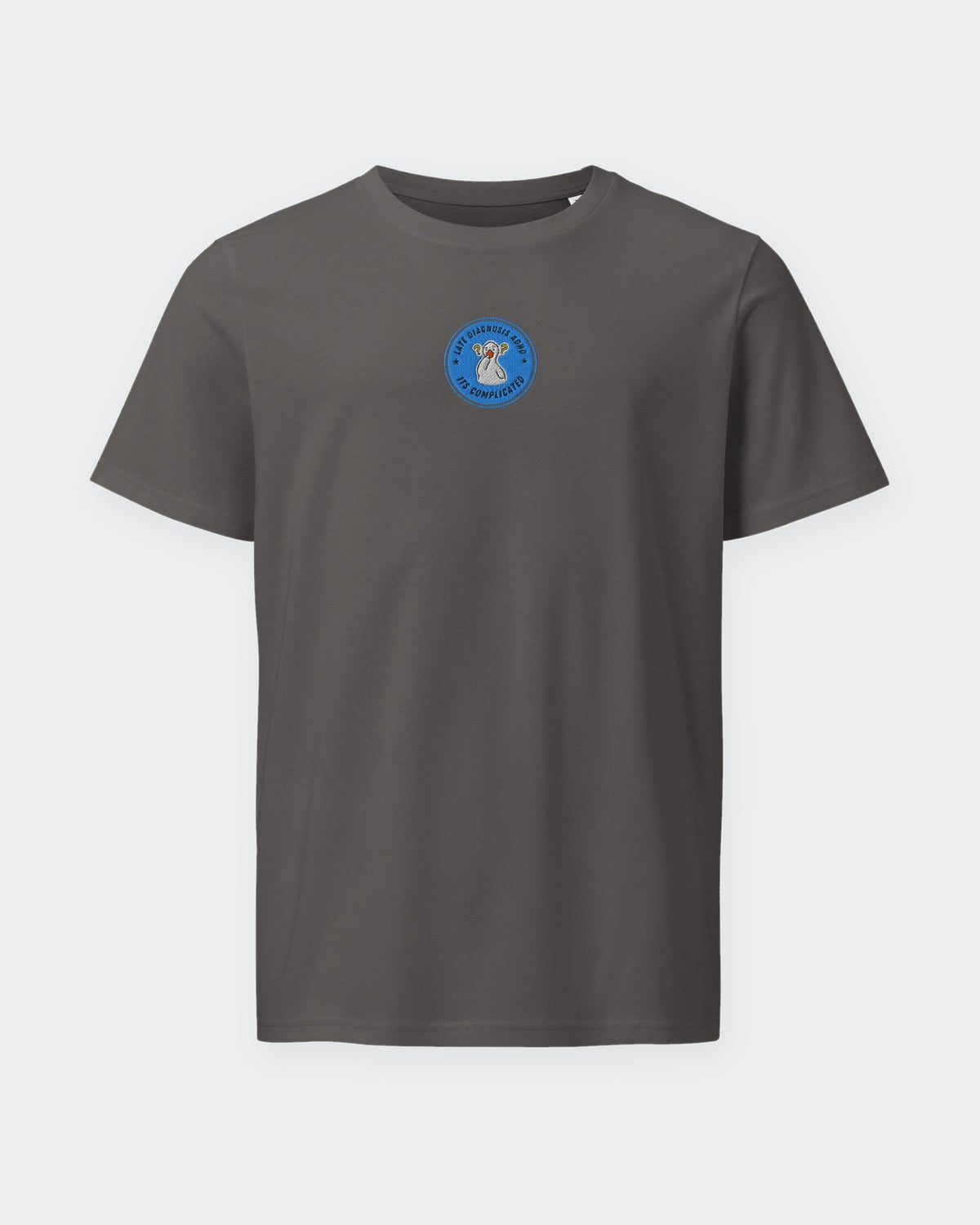 It's Complicated mouse (ADHD) organic embroidered badge tee in Anthracite, laid flat