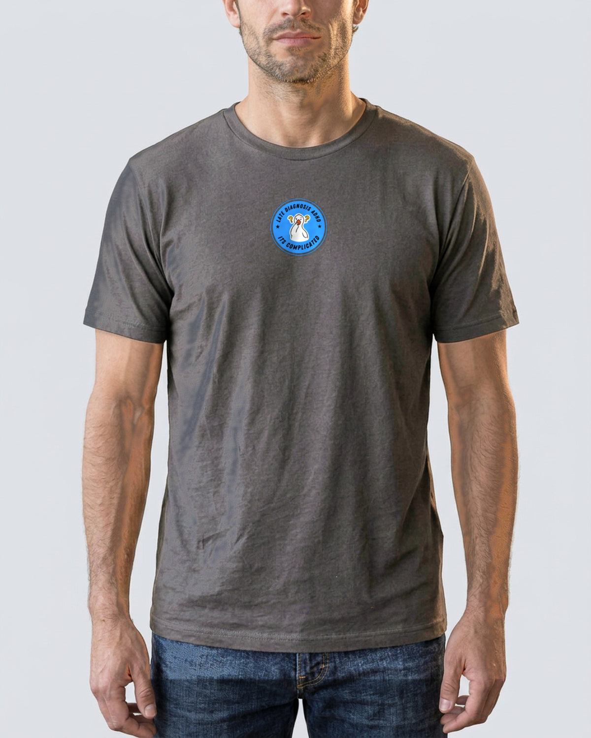 It's Complicated mouse (ADHD) organic embroidered badge tee in Anthracite, worn, full front view