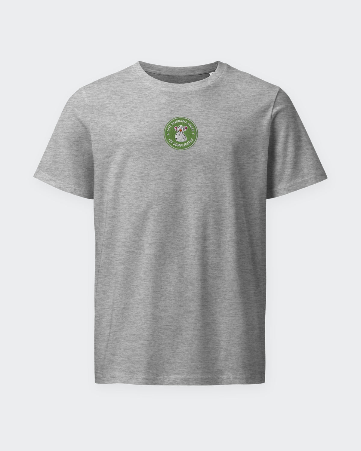 It's Complicated mouse (AuDHD) organic embroidered badge tee in Heather Grey, laid flat