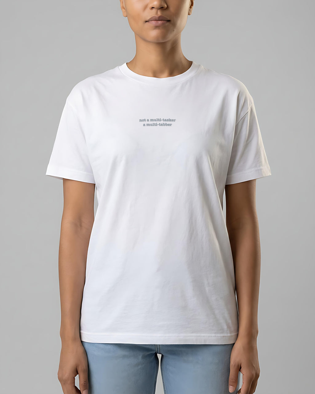 Not Multi-tasker ... Multi-tabber embroidered organic tee in White, worn, front view