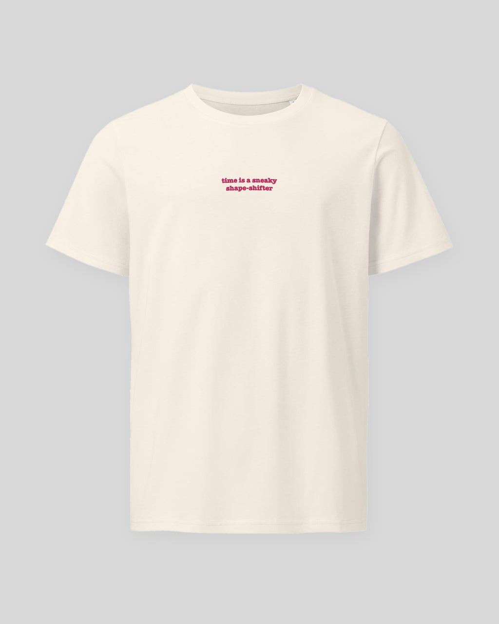Time ... Sneaky Shape Shifter embroidered organic tee in Vintage White, flat front view