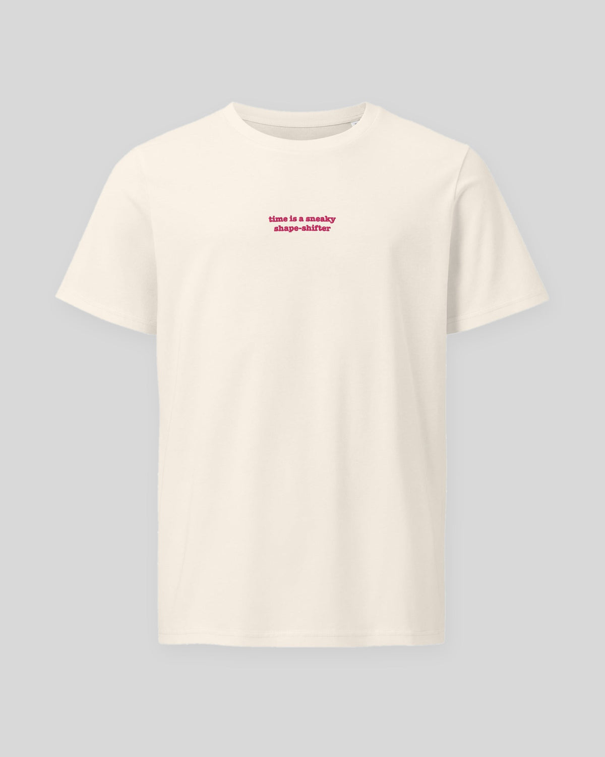 Time ... Sneaky Shape Shifter embroidered organic tee in Vintage White, flat front view