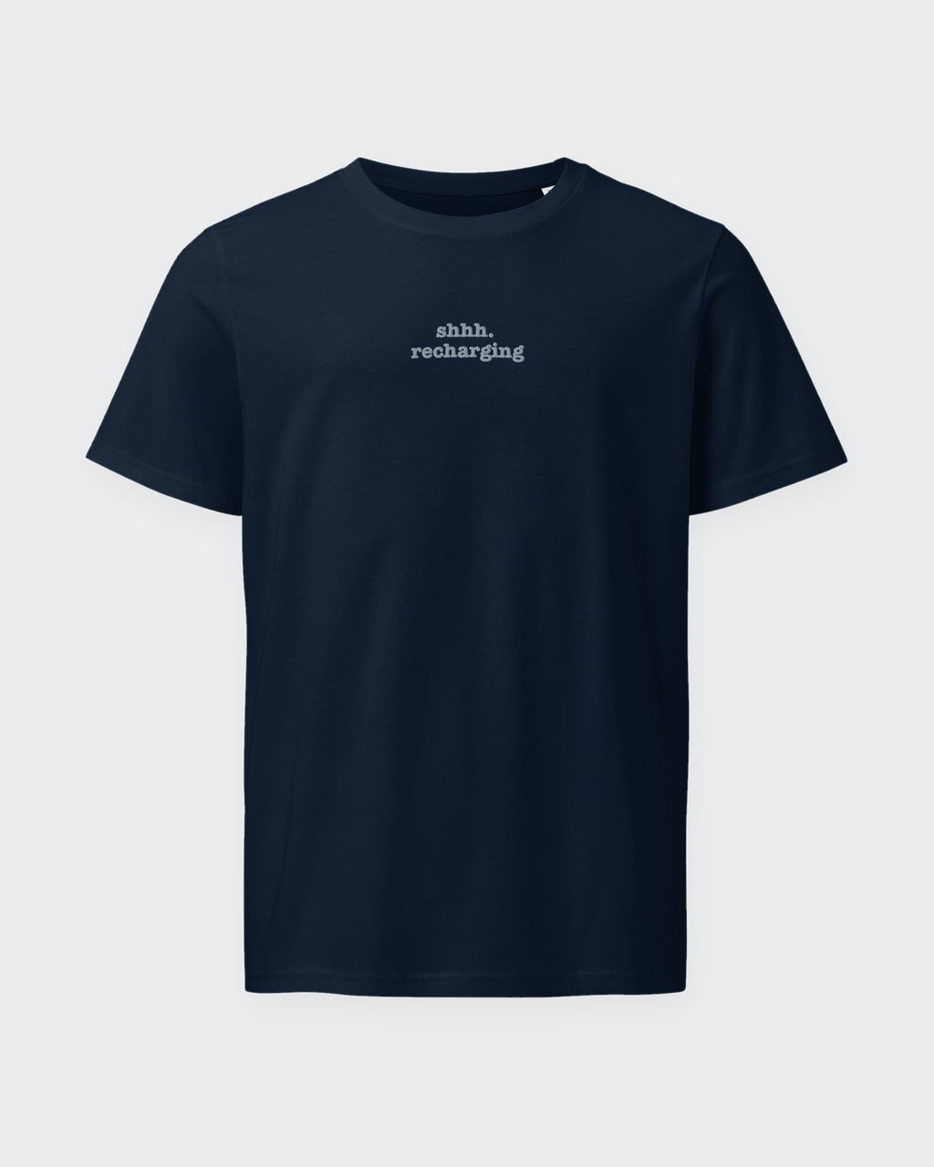 Shhh. Recharging embroidered organic tee in French Navy, laid flat