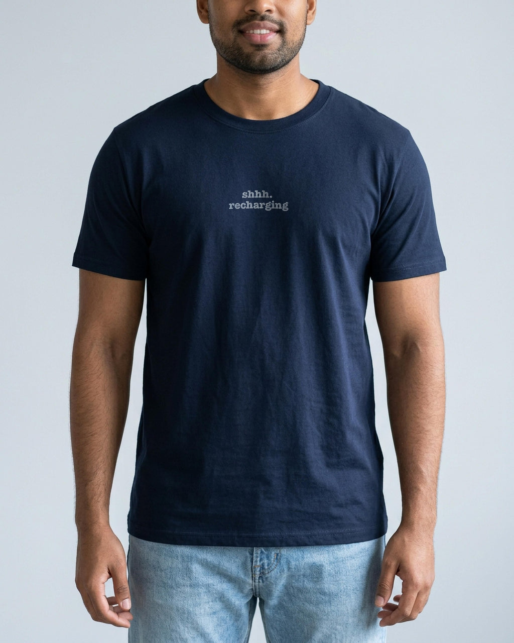 Shhh. Recharging embroidered organic tee in French Navy, worn, full view