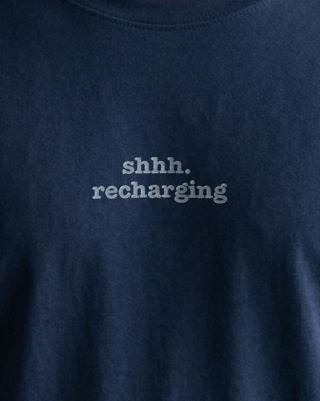 Shhh. Recharging embroidered organic tee in French Navy, worn