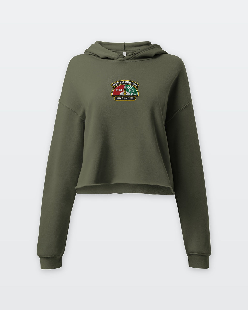 Christmas Spirit Level embroidered crop hoodie in Military Green, front view