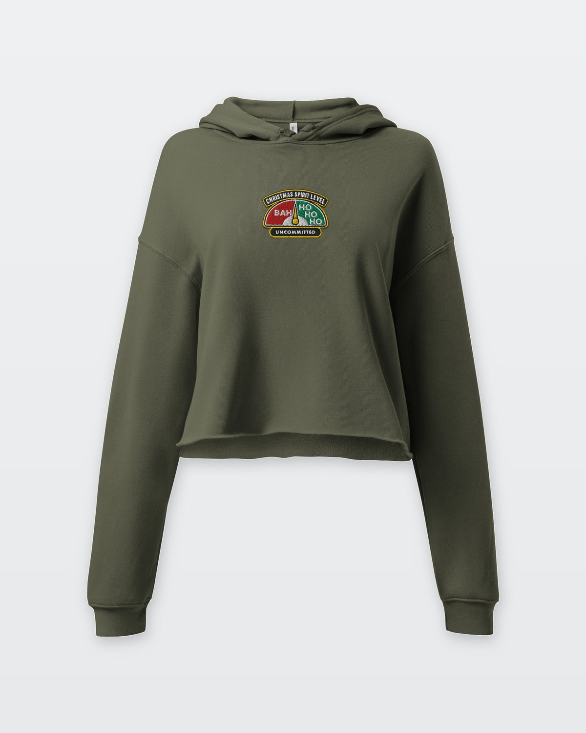 Christmas Spirit Level embroidered crop hoodie in Military Green, front view