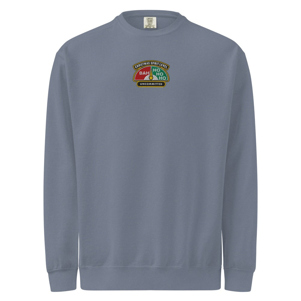 Christmas Spirit Level embroidered sweatshirt in Blue Jean, front