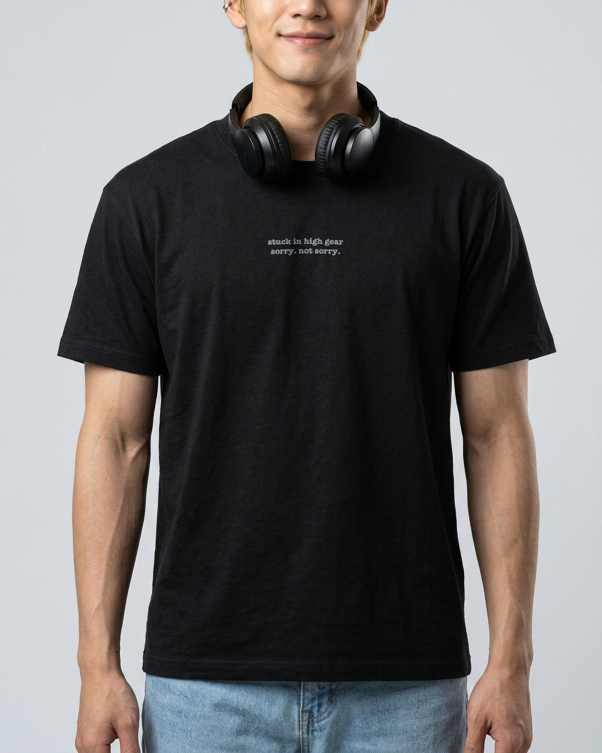 Stuck in High Gear embroidered organic tee in Black, worn, full view
