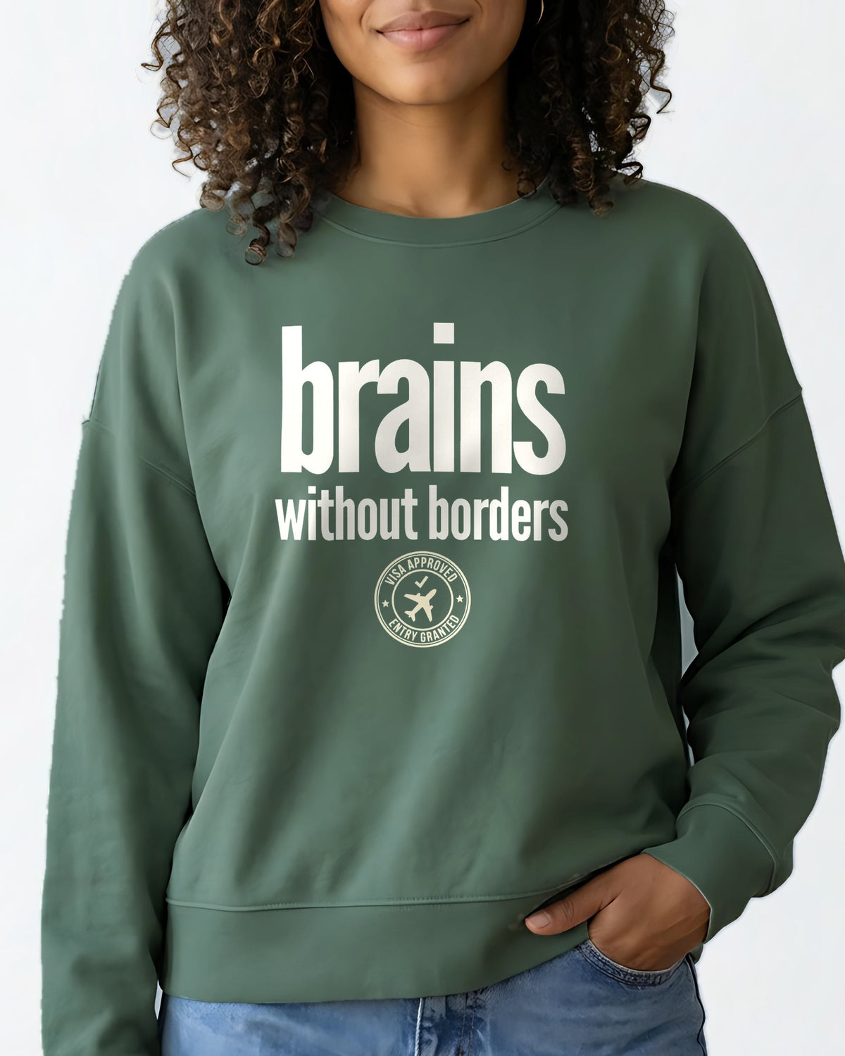 Brains Without Borders women's organic sweatshirt in Green Bay, worn, front view